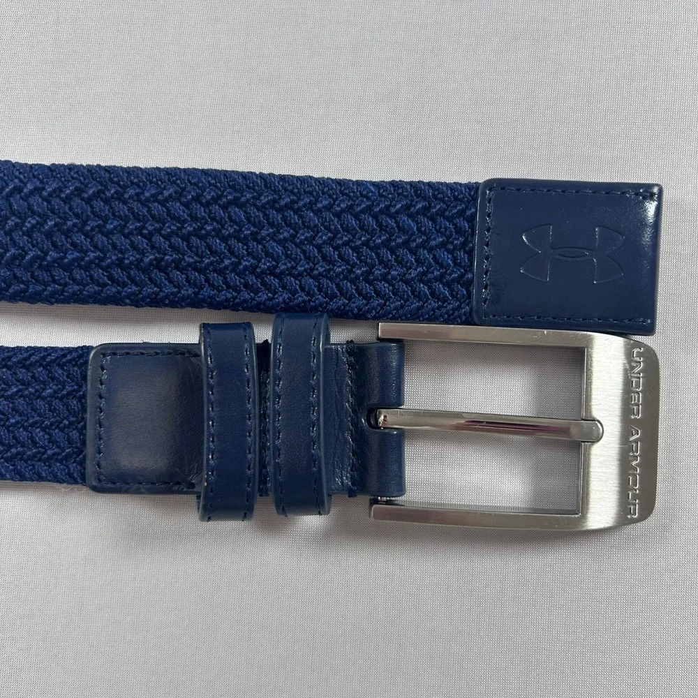 Under Armour Braided Webbed Belt Men Navy Blue Elastic Stretch Leather Golf 48in